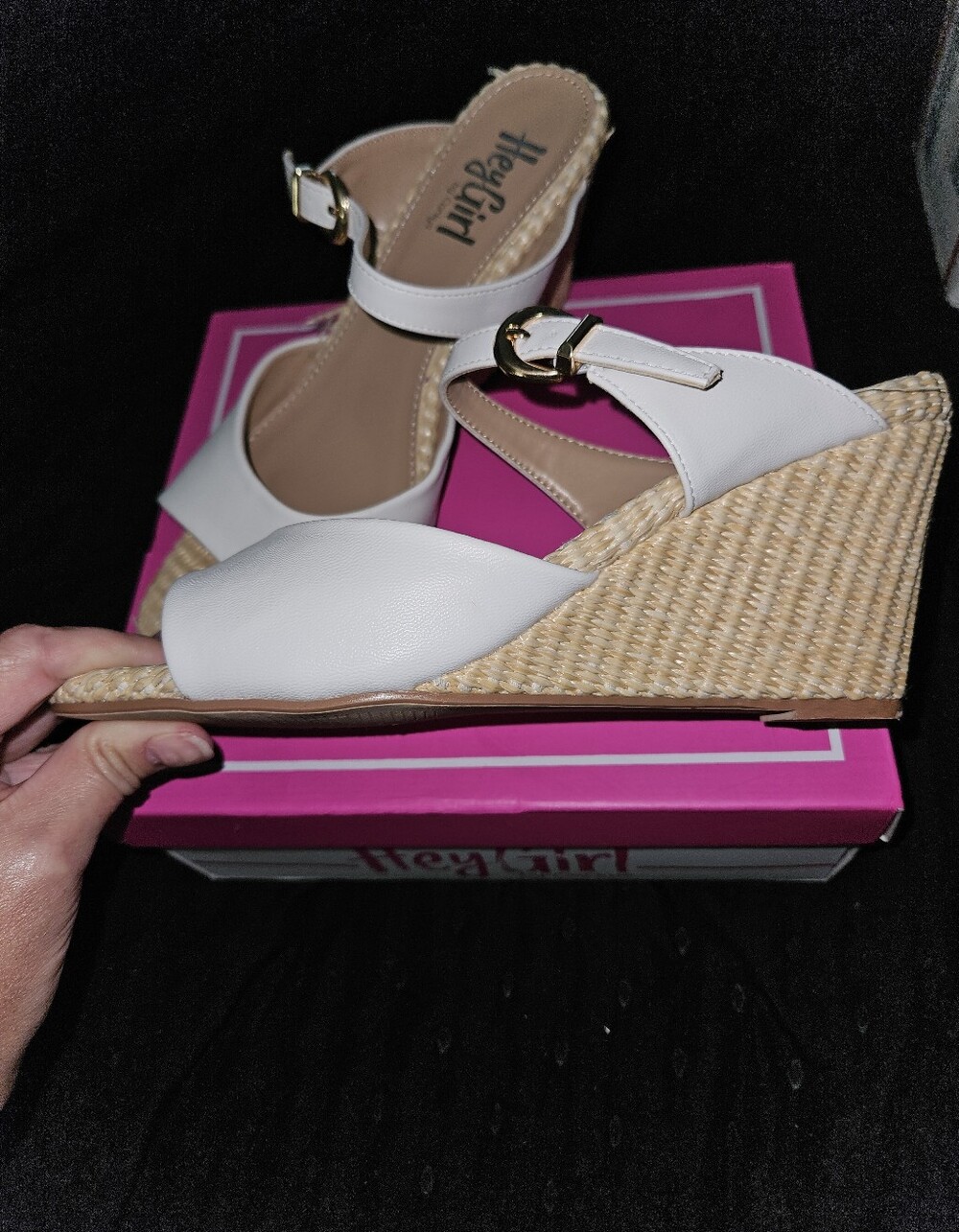 Corkys White Braided Wedge Sandals with Gold Buckles